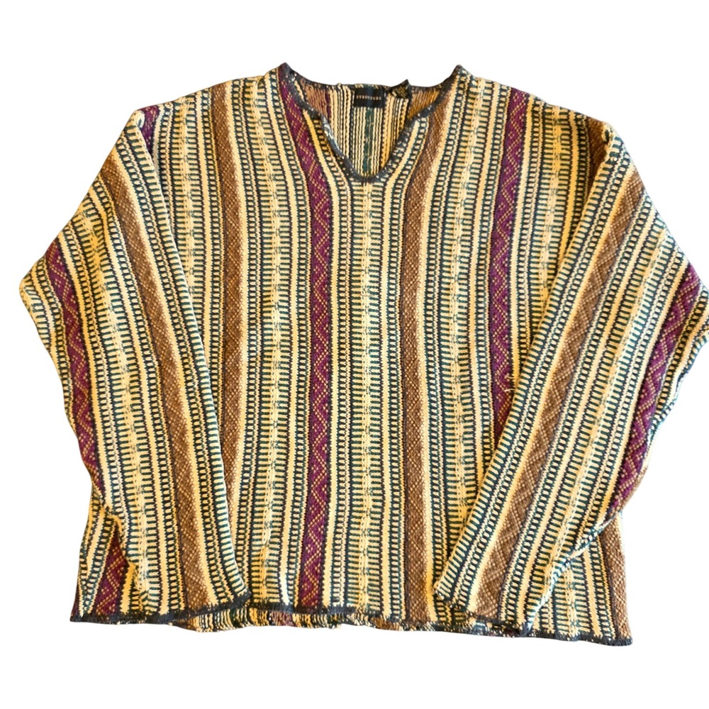 Vintage Structure Mens XL Striped Knit Sweater V-Neck Ramie Cotton Multi-Color
